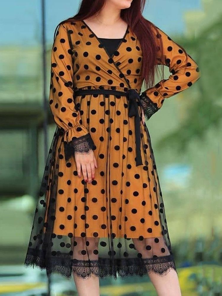 Kvinner Mid-calf Langermet Snøre-up Polka Dots Dress