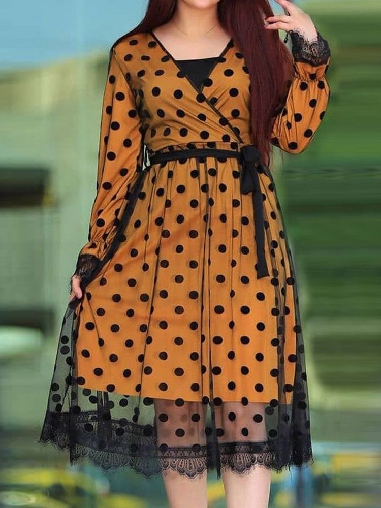 Kvinner Mid-calf Langermet Snøre-up Polka Dots Dress