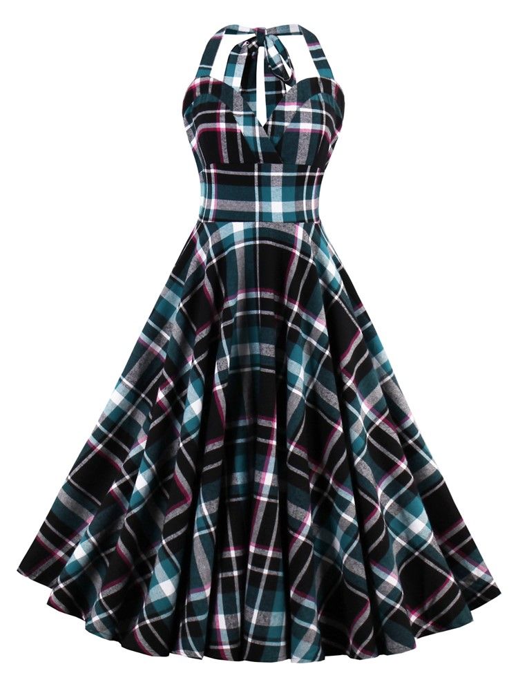 Kvinner Tartan Tied-neck Plissert Ballkjole A Line Kjole