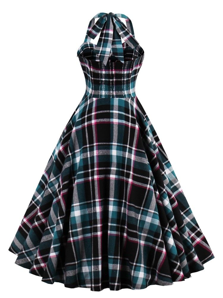 Kvinner Tartan Tied-neck Plissert Ballkjole A Line Kjole