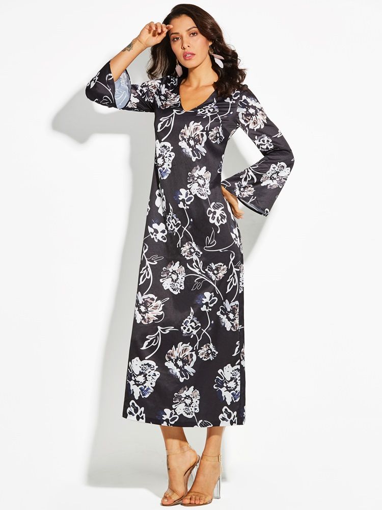 Kvinner V-hals Floral Print Flare Ermer Day Dress