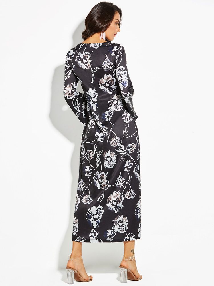 Kvinner V-hals Floral Print Flare Ermer Day Dress