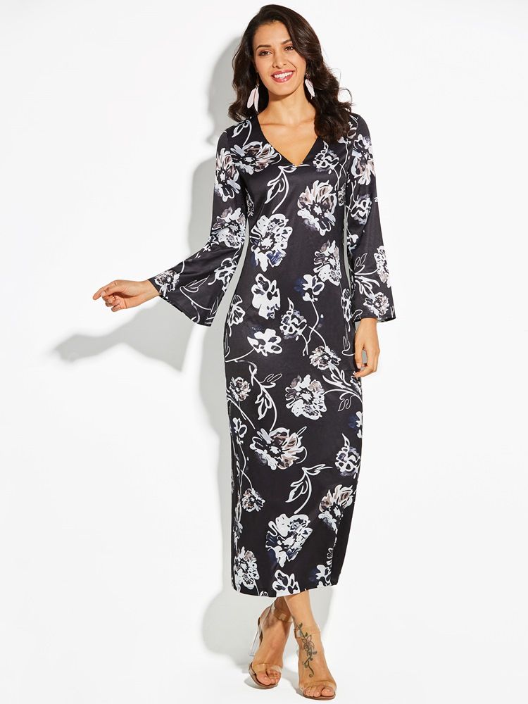 Kvinner V-hals Floral Print Flare Ermer Day Dress