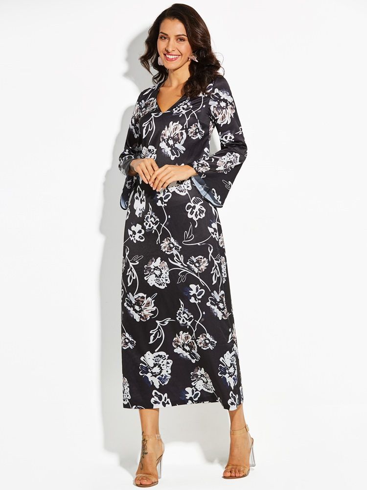 Kvinner V-hals Floral Print Flare Ermer Day Dress