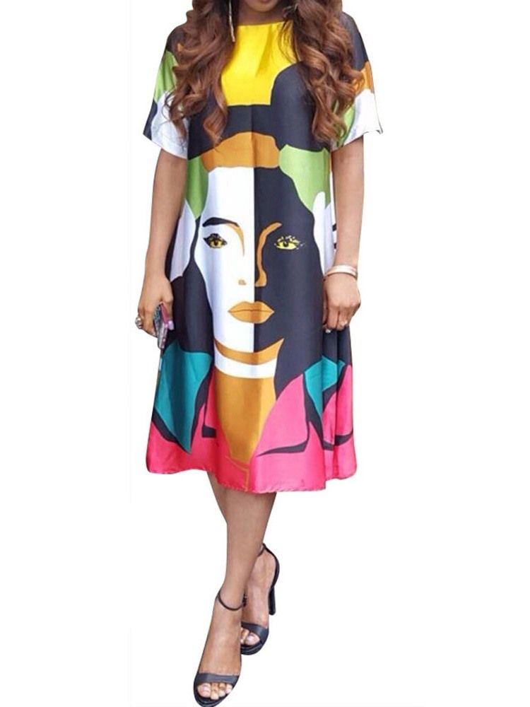 Kvinners Casual Print Mid-calf Short Sleeve Cartoon Pullover Dress