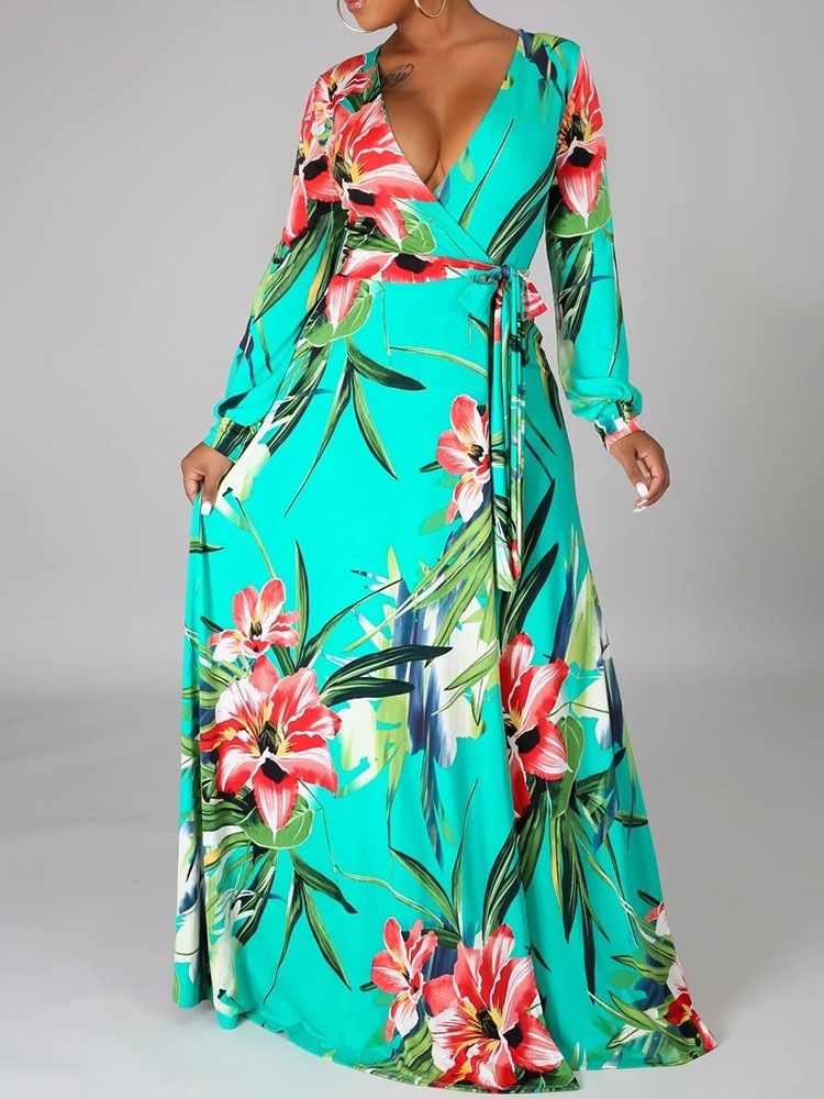 Kvinners Langermet Patchwork V-hals Travel Look Color Block Floral Maxi Dress