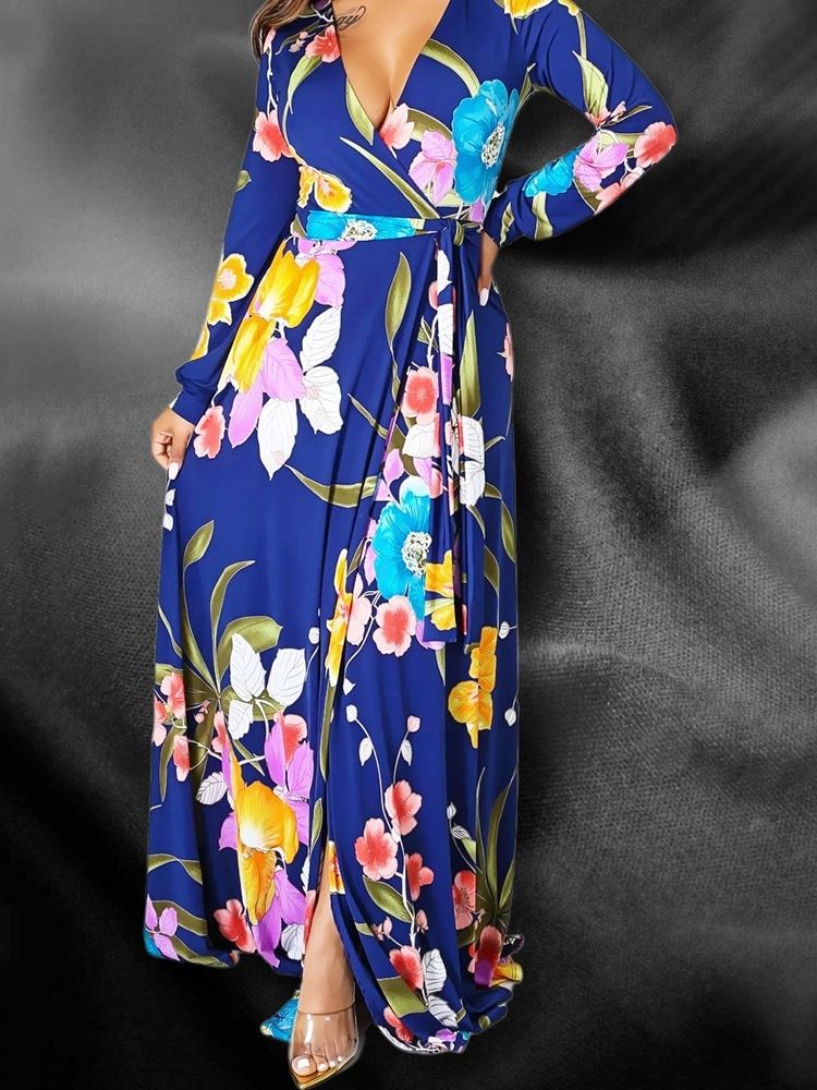 Kvinners Langermet Patchwork V-hals Travel Look Color Block Floral Maxi Dress