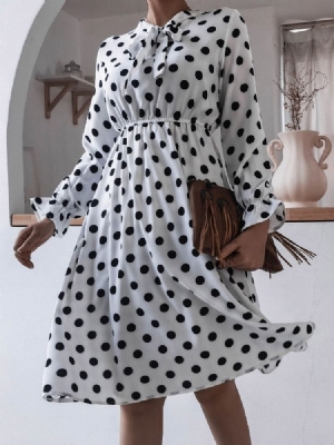 Mid-calf Patchwork Bow Collar A-line Polka Dots Dress For Kvinner