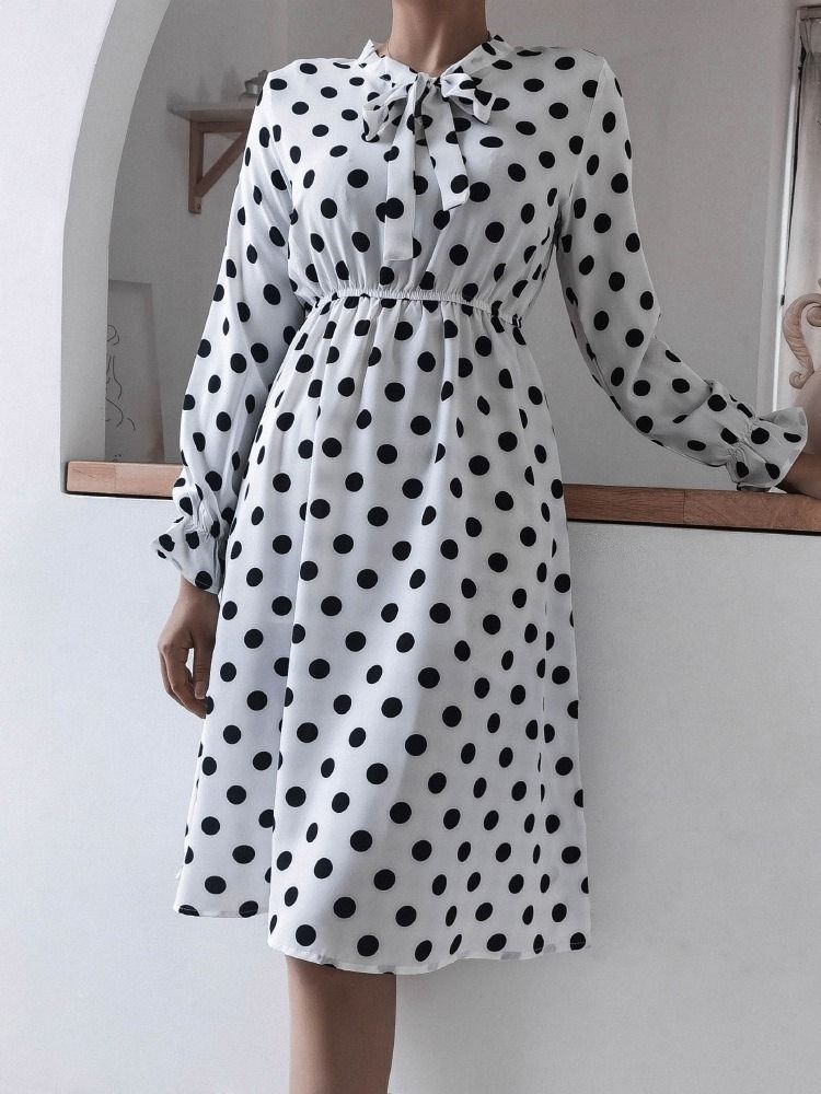 Mid-calf Patchwork Bow Collar A-line Polka Dots Dress For Kvinner