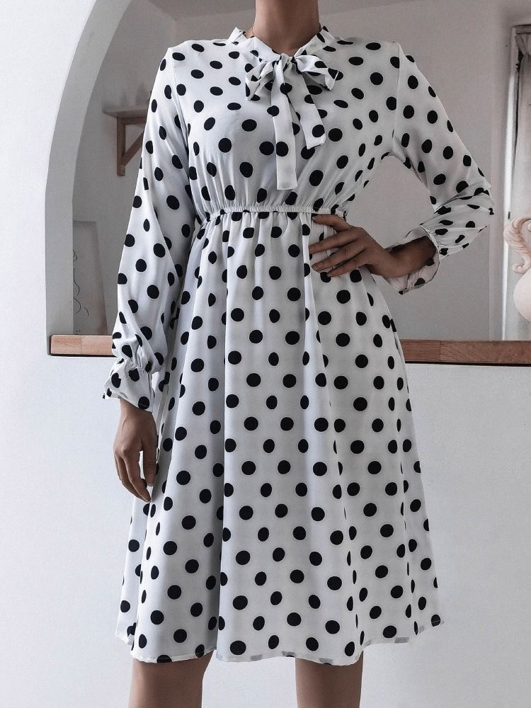 Mid-calf Patchwork Bow Collar A-line Polka Dots Dress For Kvinner