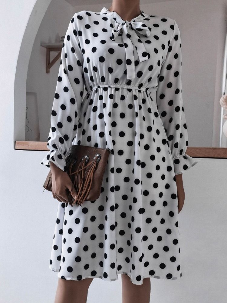 Mid-calf Patchwork Bow Collar A-line Polka Dots Dress For Kvinner