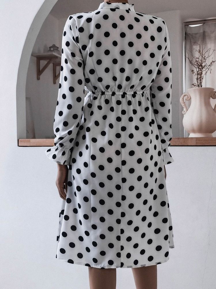 Mid-calf Patchwork Bow Collar A-line Polka Dots Dress For Kvinner