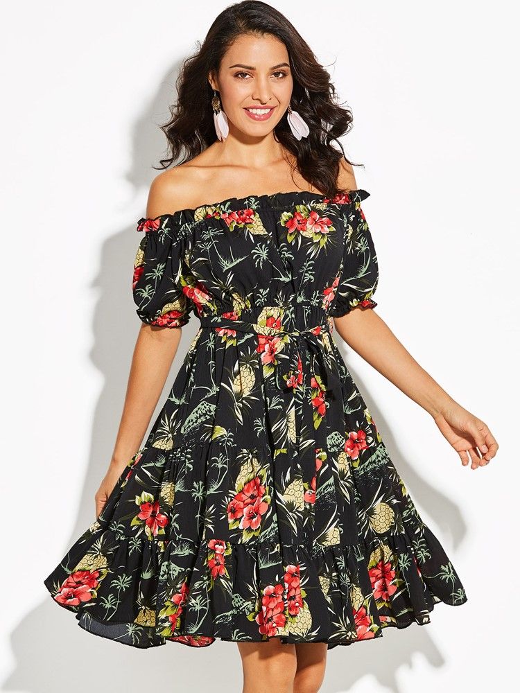 Off Shoulder Floral Print A-line Kjole For Kvinner