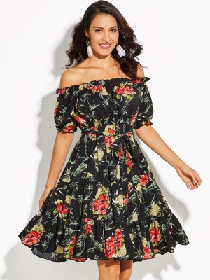 Off Shoulder Floral Print A-line Kjole For Kvinner