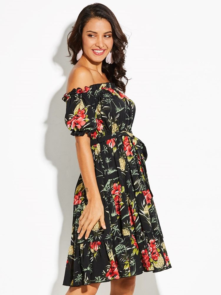 Off Shoulder Floral Print A-line Kjole For Kvinner