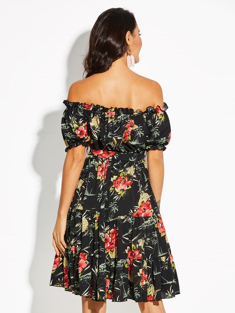 Off Shoulder Floral Print A-line Kjole For Kvinner