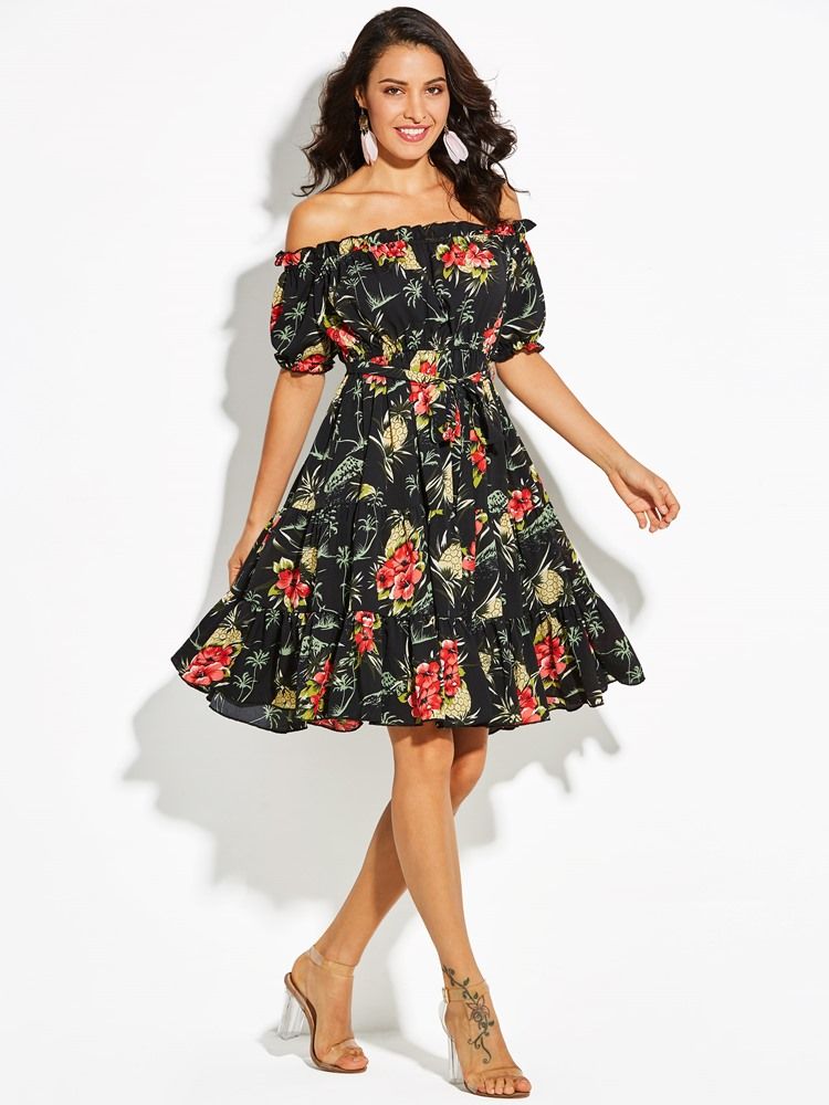 Off Shoulder Floral Print A-line Kjole For Kvinner