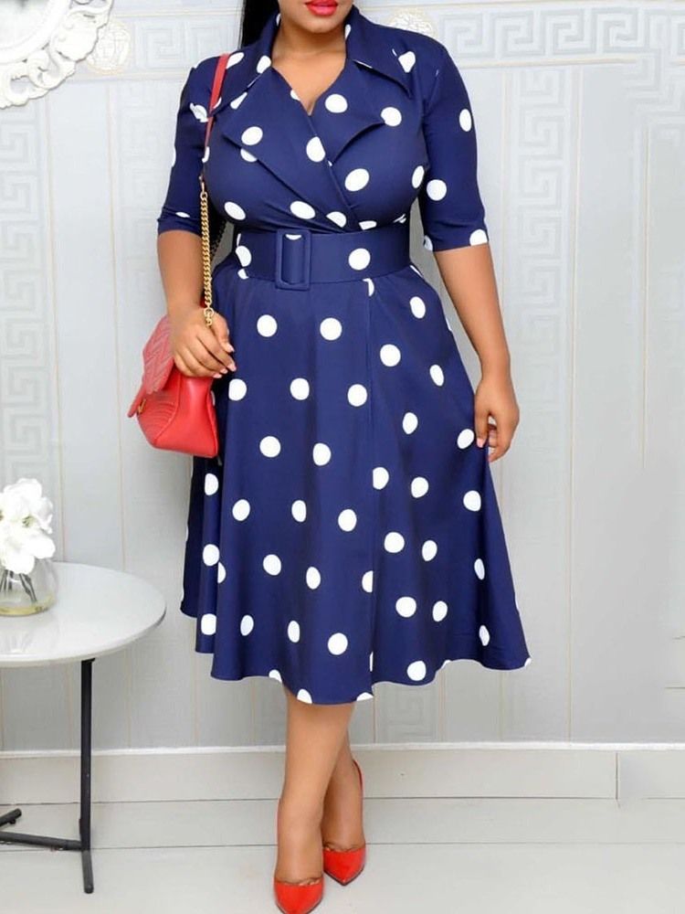 Polka Dots A-line Mid-calf Half Sleeve Regular Ol Dres (without Waistband)