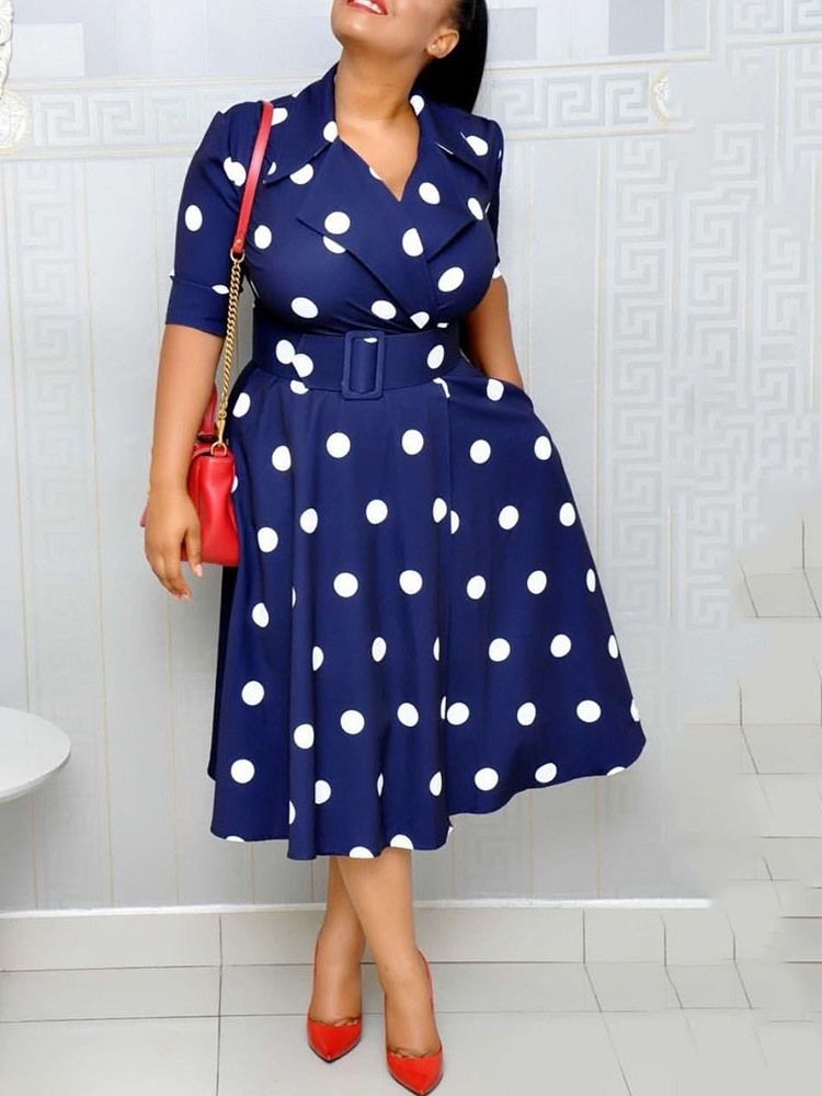 Polka Dots A-line Mid-calf Half Sleeve Regular Ol Dres (without Waistband)