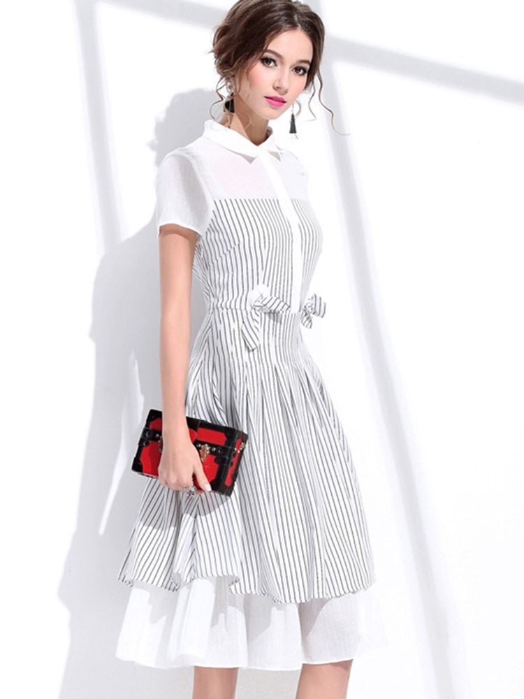 Polo Neck Bowknot Striped A Line Dress