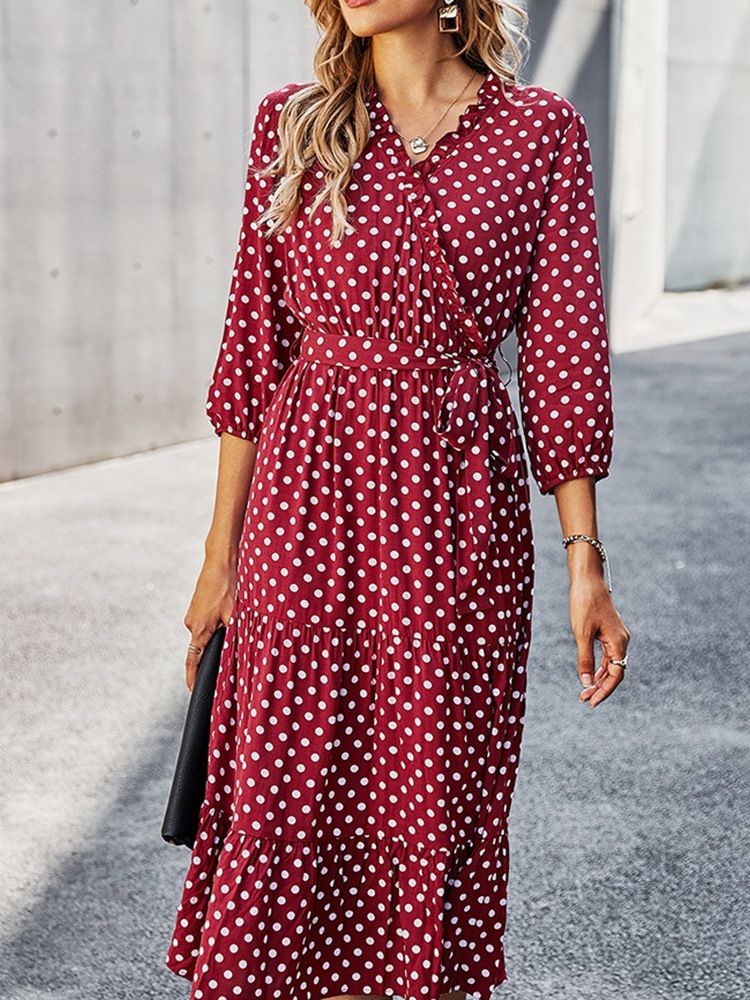 Trekvart Erme V-hals Polka Dots A-line Kjole For Kvinner