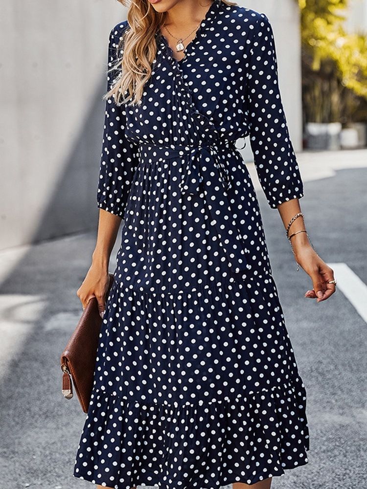 Trekvart Erme V-hals Polka Dots A-line Kjole For Kvinner