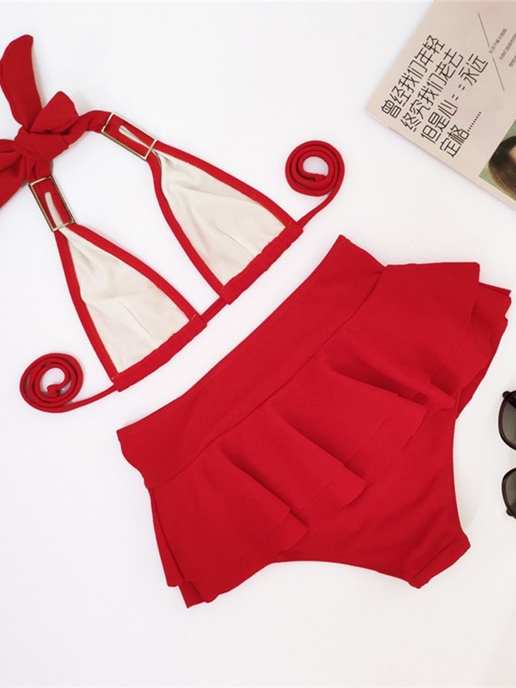 Bikini-sett For Kvinner Plain Ruffles