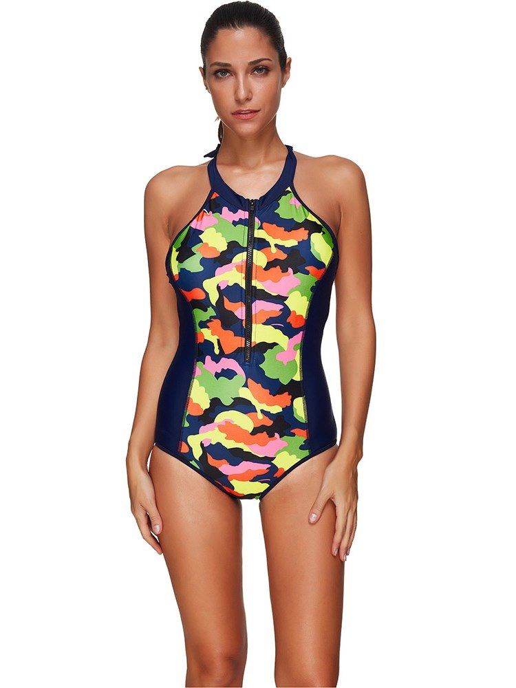 Fargeblokk For Kvinner Camouflage Glidelås Monokini