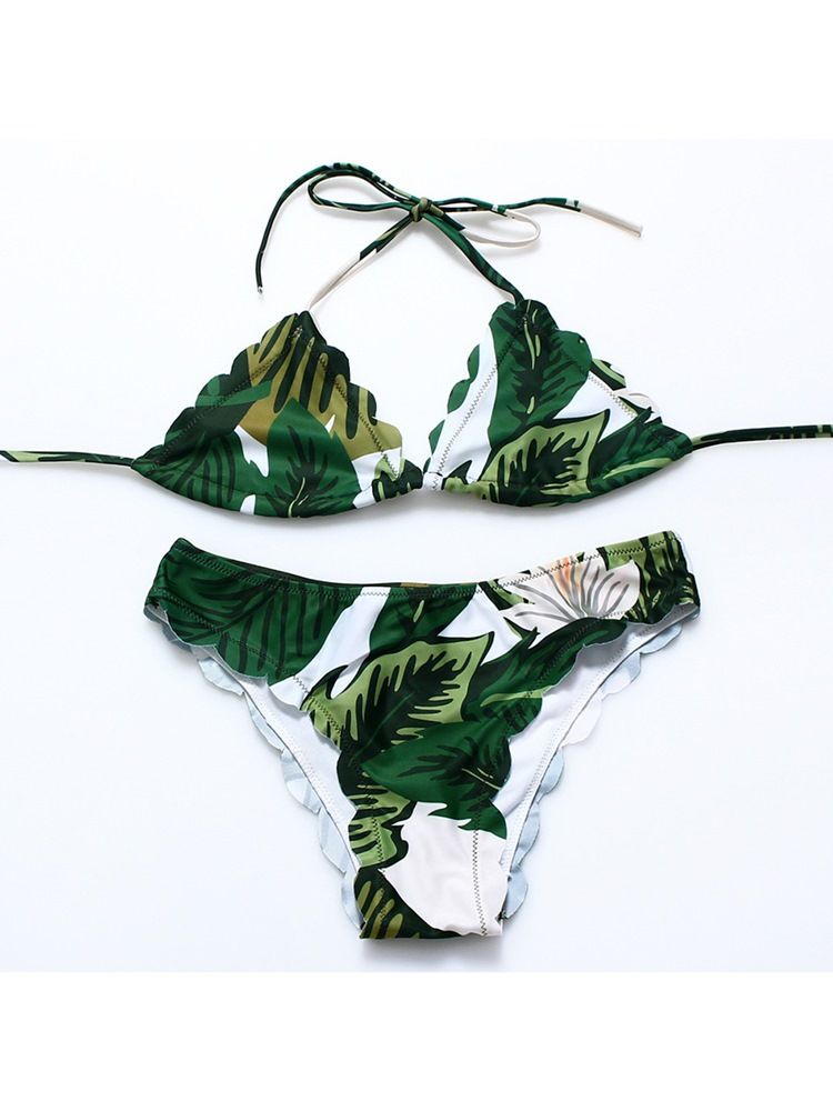 Kvinner Plant Leaf Print Halter Bikini Suits