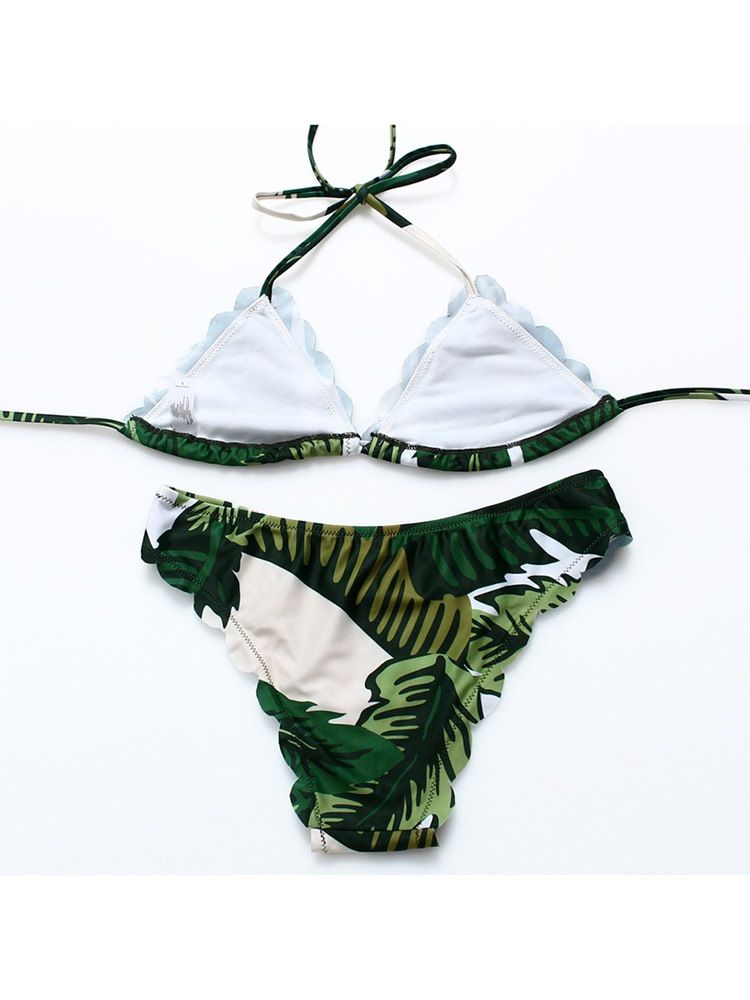 Kvinner Plant Leaf Print Halter Bikini Suits