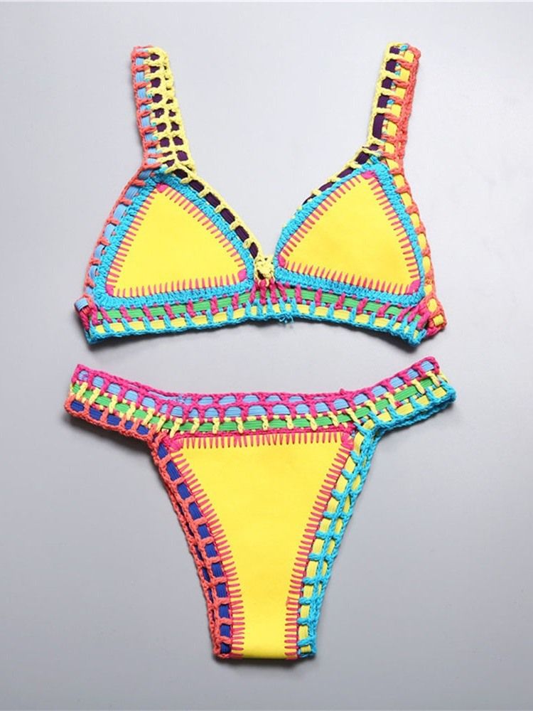 Patchwork Fargeblokk For Kvinner Elastisk Sexy Bikini-sett