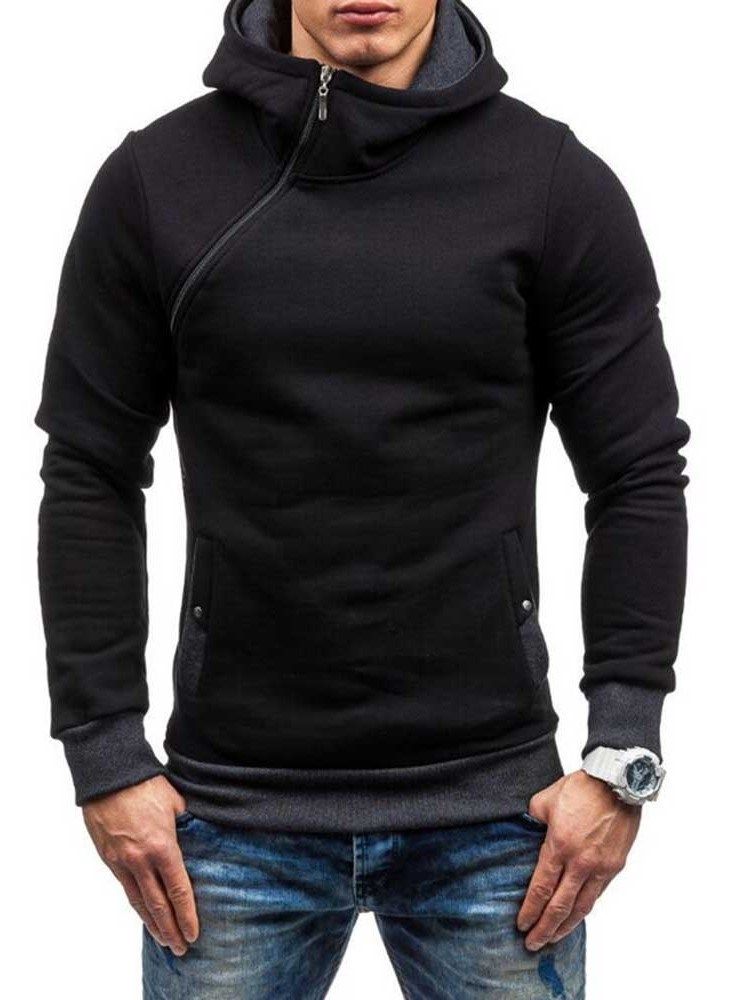 Kunstig Fleece Fargeblokk Glidelås Stil Hettegensere For Menn