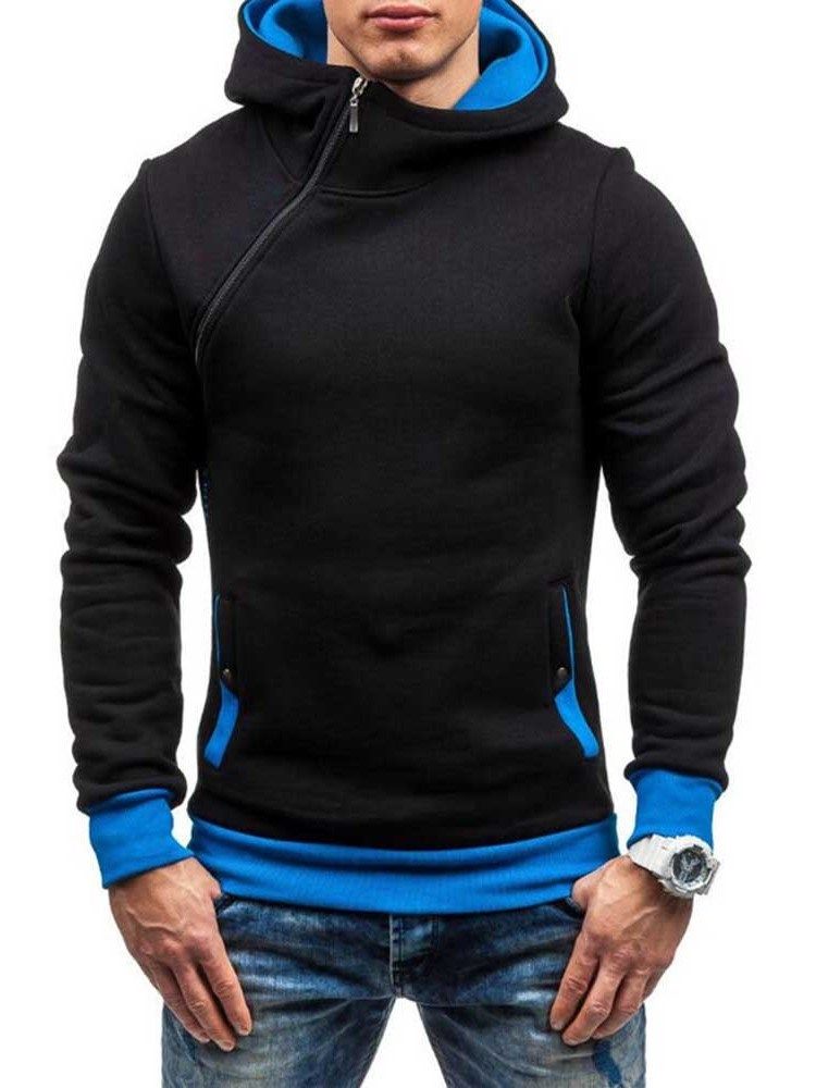 Kunstig Fleece Fargeblokk Glidelås Stil Hettegensere For Menn