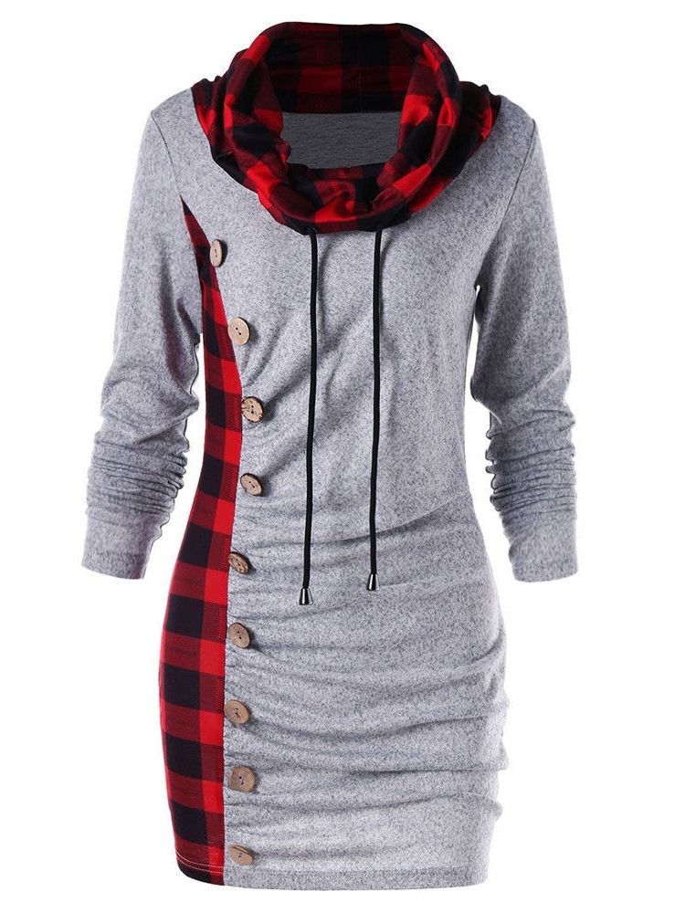 Kvinner Plaid High Neck Mid-length Slim Cool Hoodie