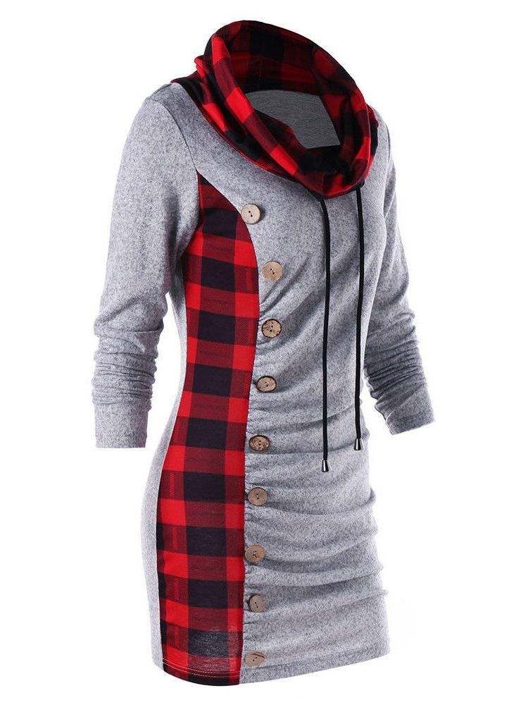 Kvinner Plaid High Neck Mid-length Slim Cool Hoodie