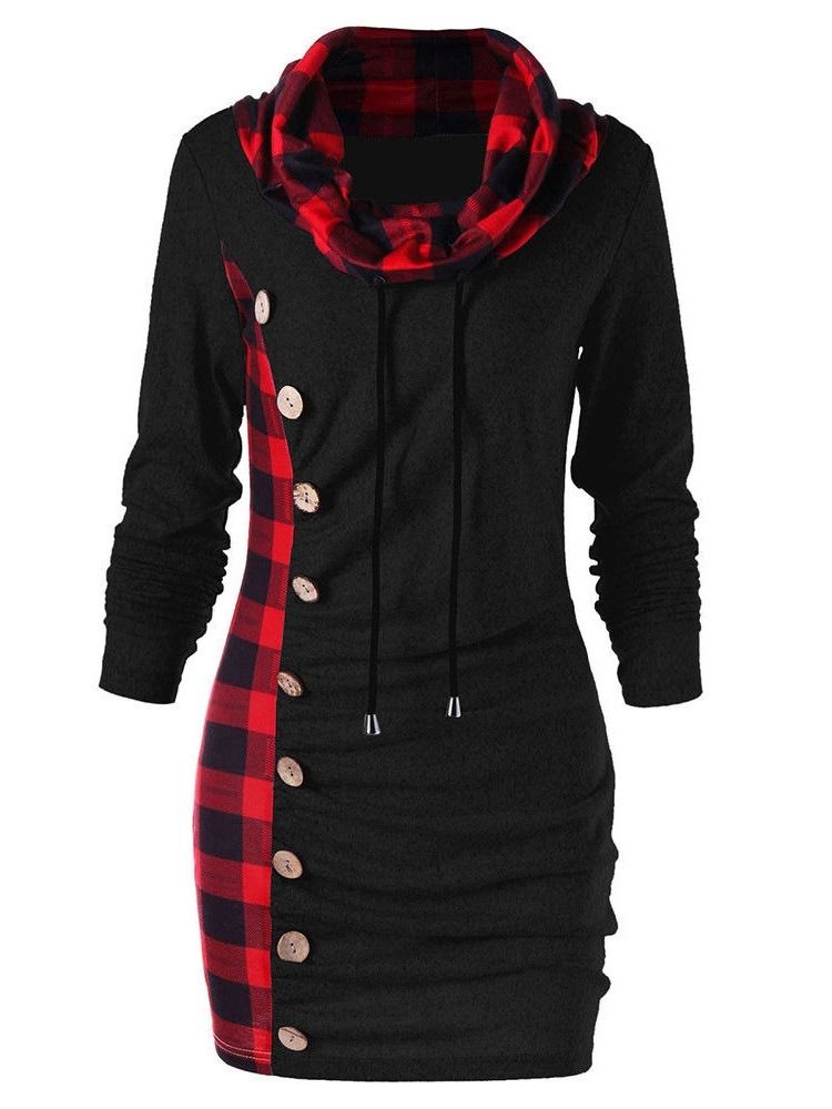 Kvinner Plaid High Neck Mid-length Slim Cool Hoodie