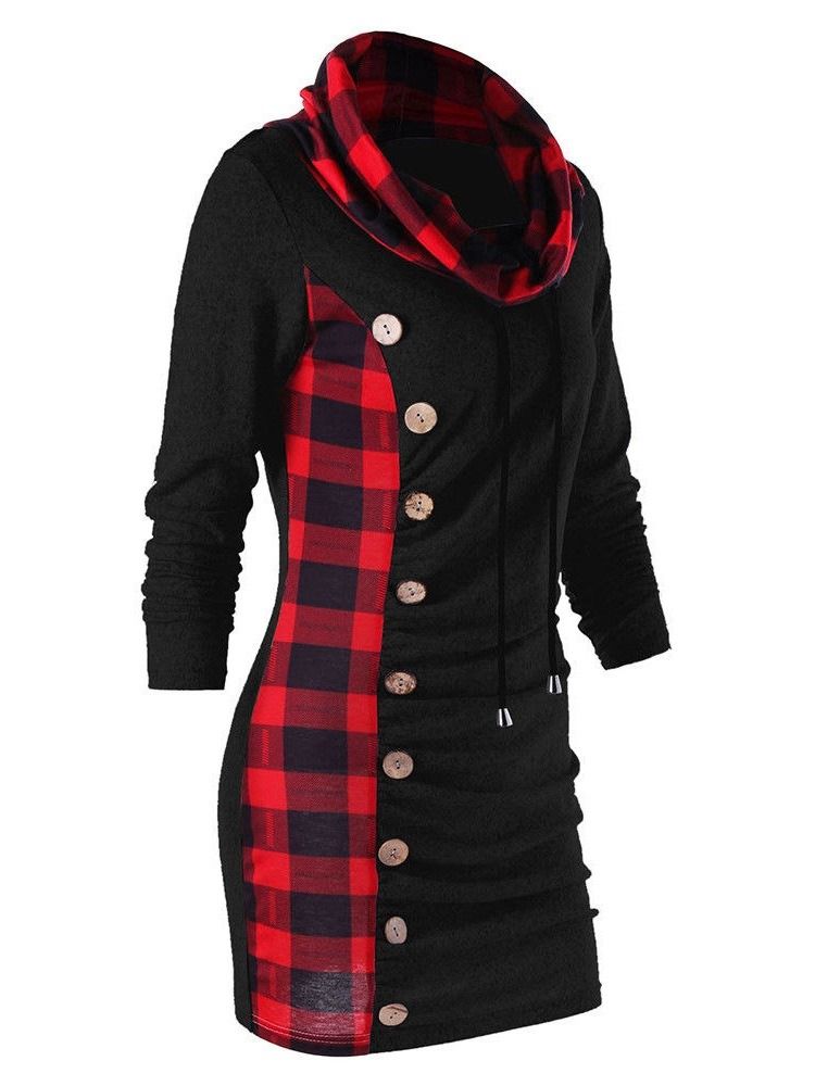 Kvinner Plaid High Neck Mid-length Slim Cool Hoodie