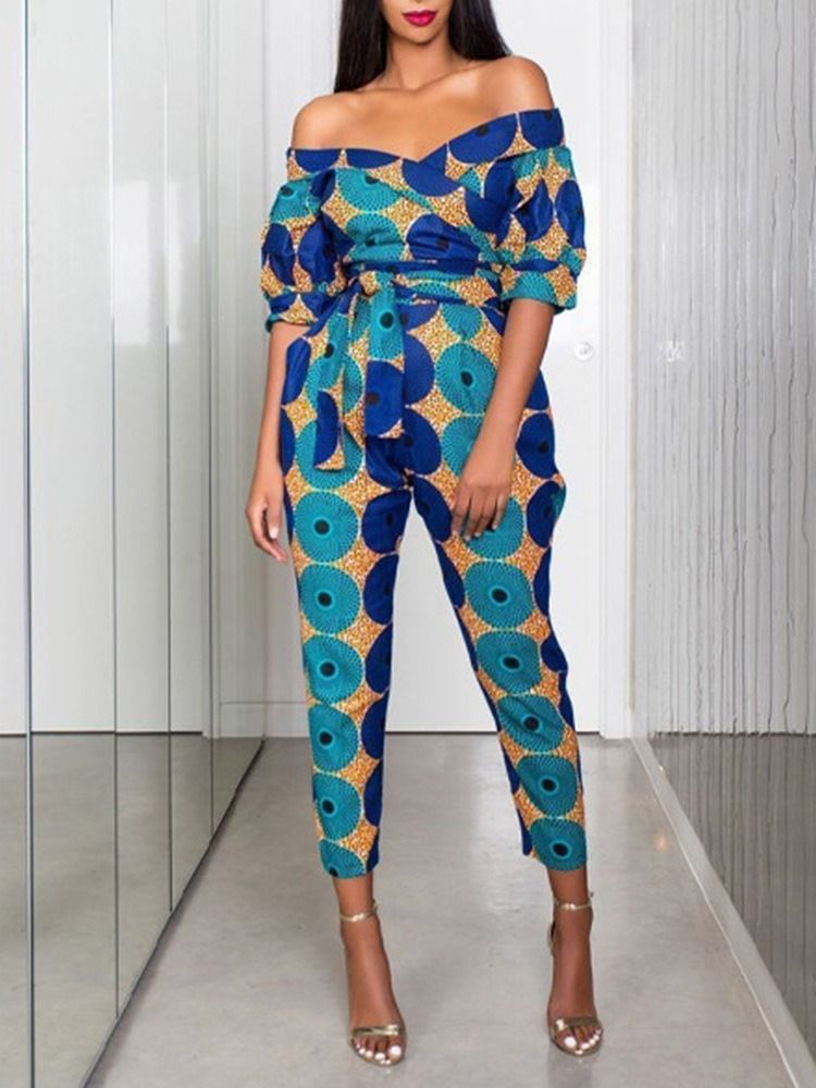 Ankelengde Western Print Straight Slim Jumpsuit For Kvinner