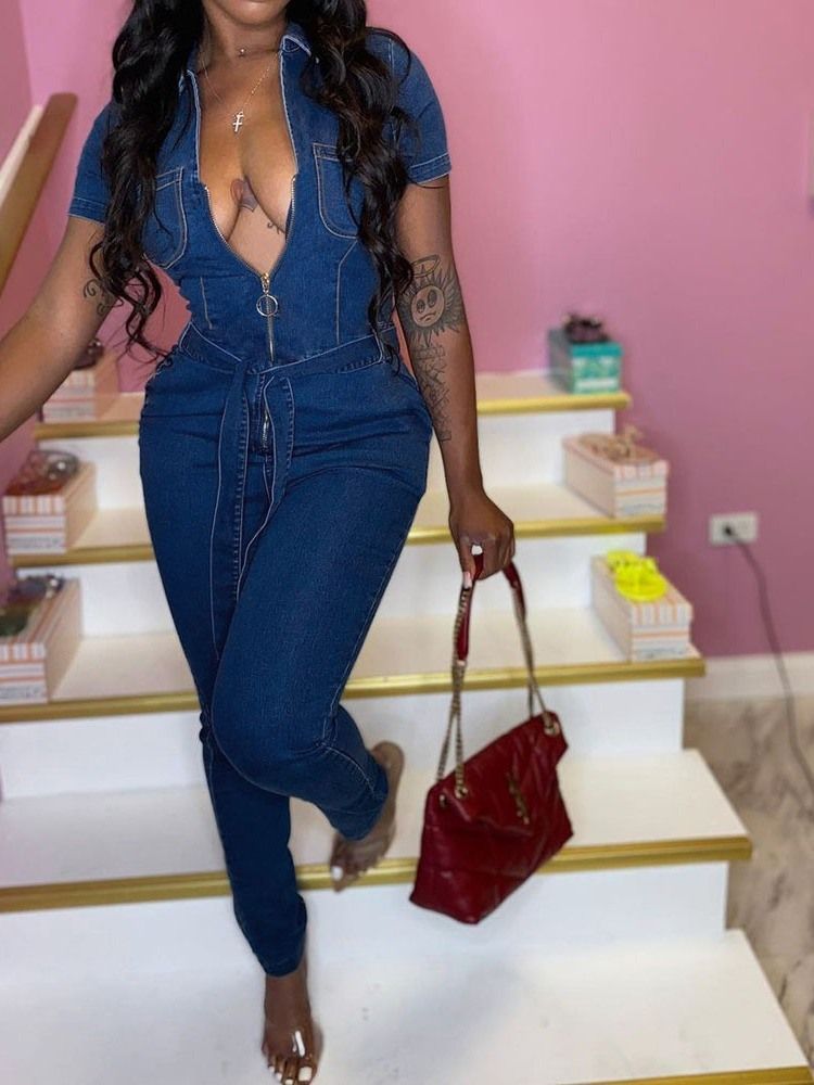 Damemote Avslappet Sexy Denim Jumpsuit Office Lady Full Lengde Vanlige Slanke Blyantbukser