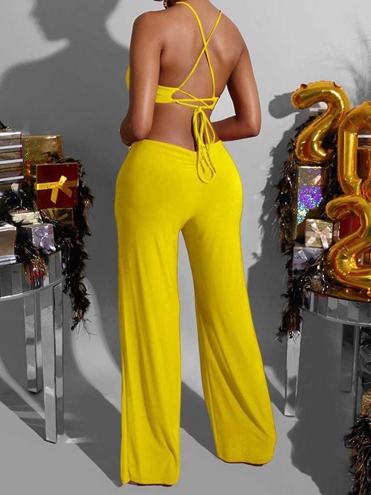 Fashion Backless Full Length Straight Slim Jumpsuit For Kvinner