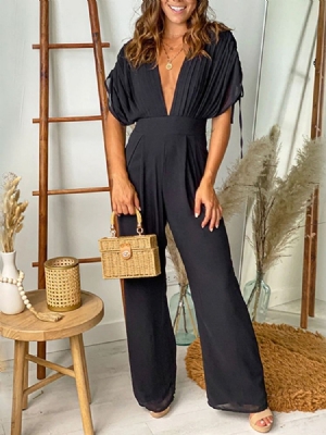 Full Lengde Avslappet Plissert Kvinne Brede Ben Slim Jumpsuit