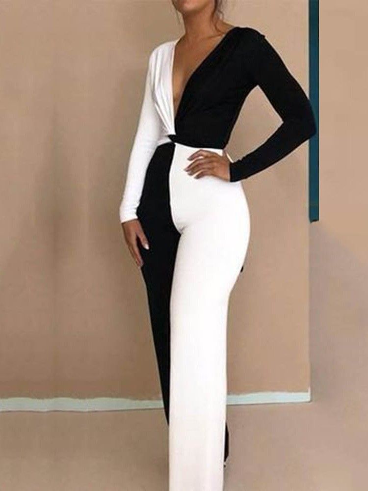 Full Lengde Color Block Office Lady Slim Wide Legs Jumpsuit For Kvinner