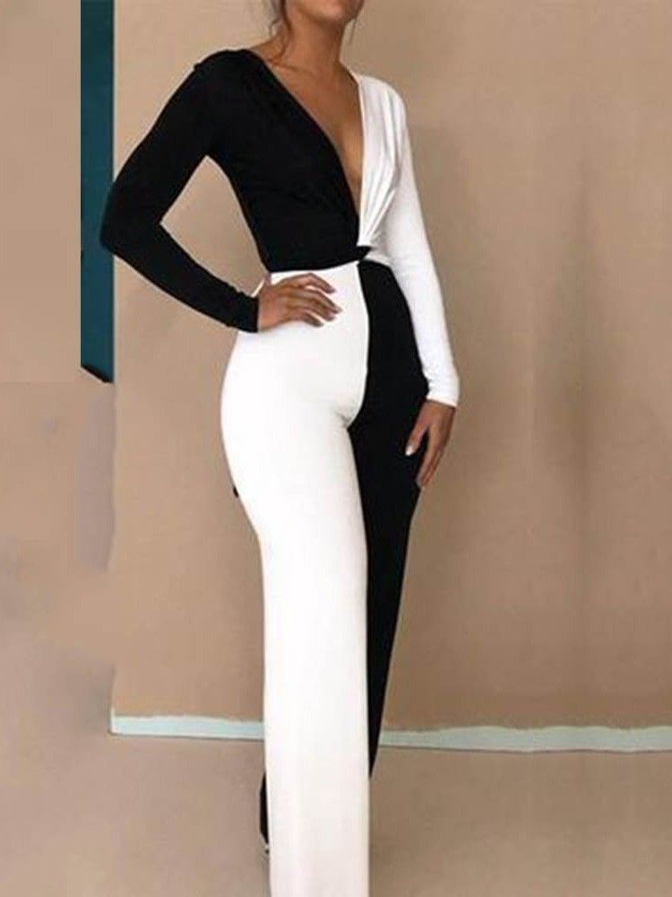 Full Lengde Color Block Office Lady Slim Wide Legs Jumpsuit For Kvinner