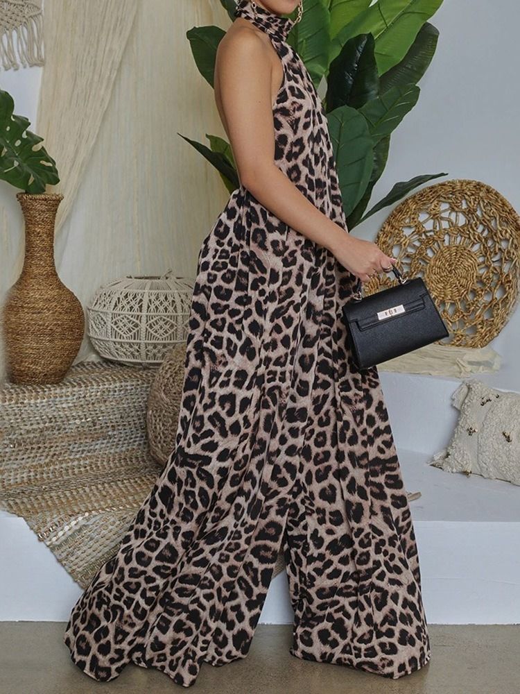 Full Length Leopard Fashion Loose Jumpsuit For Kvinner