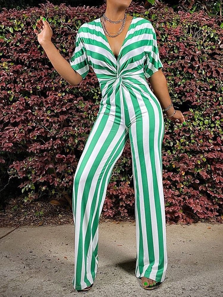 Full Length Stripe Office Lady Straight Slim Jumpsuit For Kvinner