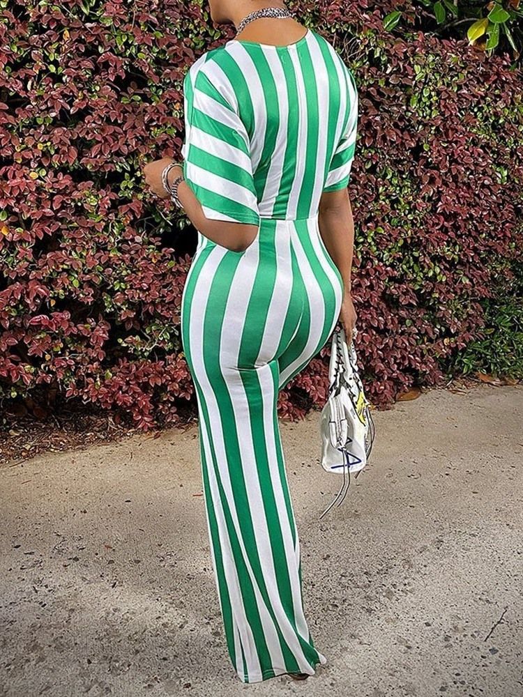 Full Length Stripe Office Lady Straight Slim Jumpsuit For Kvinner