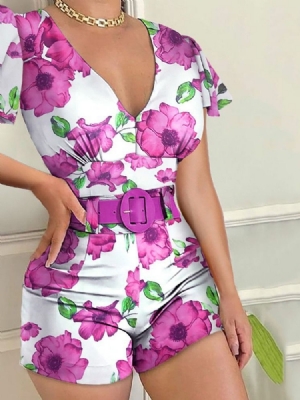 Kvinne Deep V Sexy Floral Straight Slim Shorts Jumpsuit Uten Belte