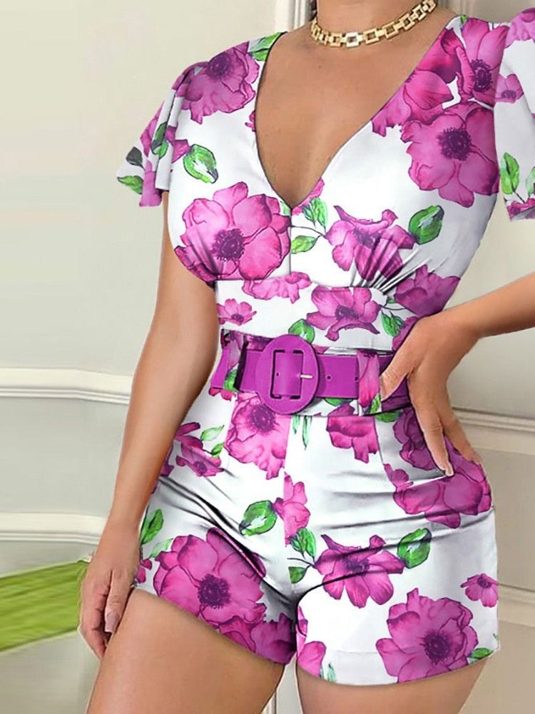 Kvinne Deep V Sexy Floral Straight Slim Shorts Jumpsuit Uten Belte