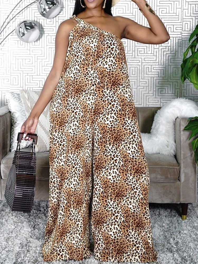 Leopard Casual Full Lengde Loose Jumpsuit For Kvinner Med Brede Ben