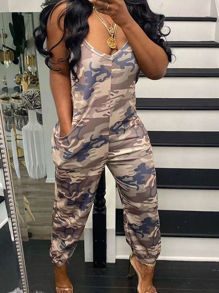 Mid-calf Camouflage Backless Pencil Pants Slim Jumpsuit For Kvinner